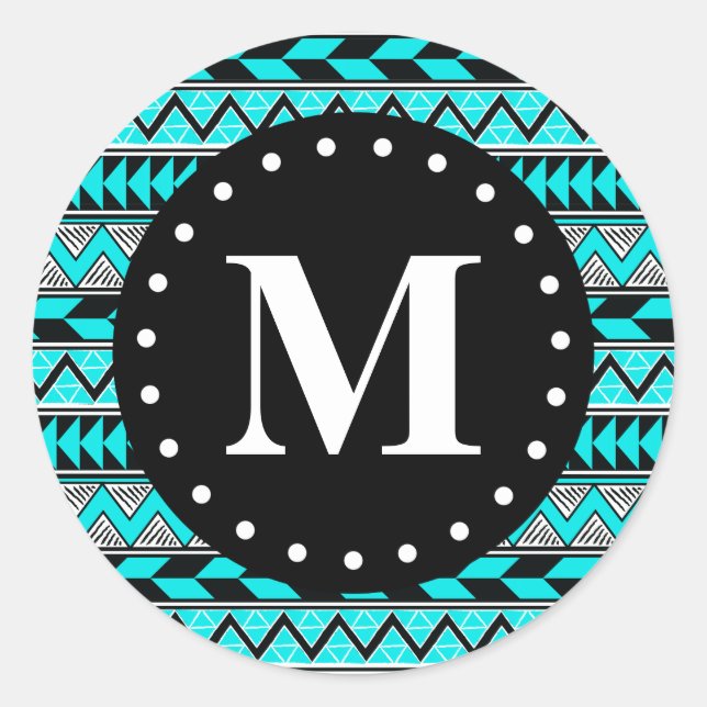 Aqua Blue Tribal Chevron Pattern Monogram Classic Round Sticker (Front)