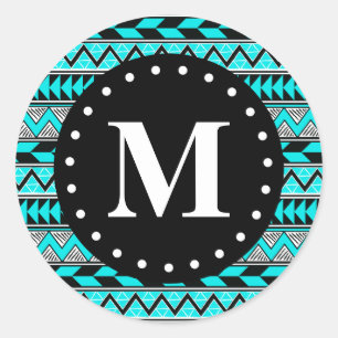 Aqua Blue Tribal Chevron Pattern Monogram Classic Round Sticker