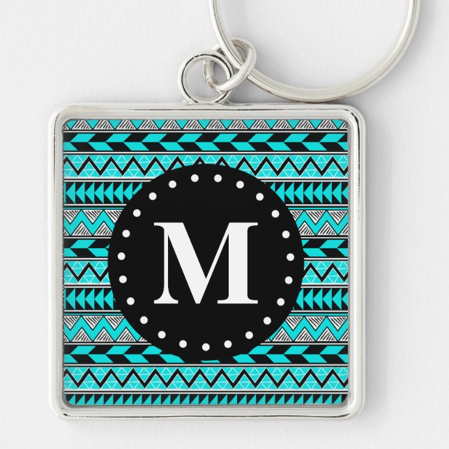 Aqua Blue Tribal Chevron Pattern Monogram Key Ring (Front)