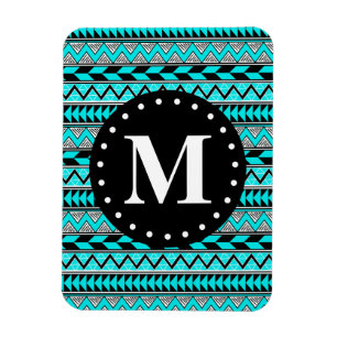Aqua Blue Tribal Chevron Pattern Monogram Magnet
