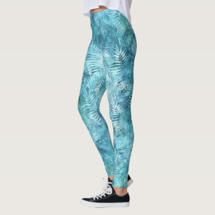 Aqua Blue Tropical Leaves Leggings