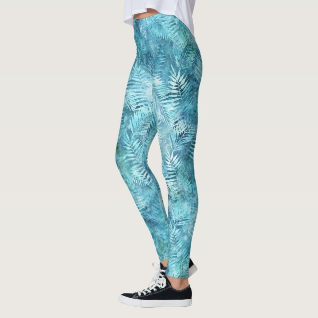 Aqua Blue Tropical Leaves Leggings (Left)