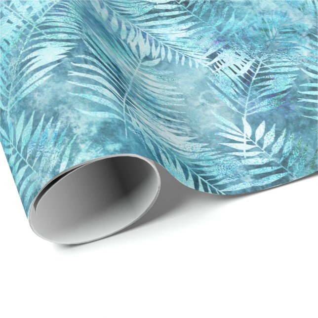 Aqua Blue Tropical Leaves          Wrapping Paper (Roll Corner)