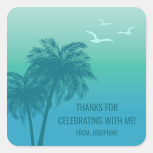 Aqua Blue Tropical Palm Trees Birthday Thank You Square Sticker