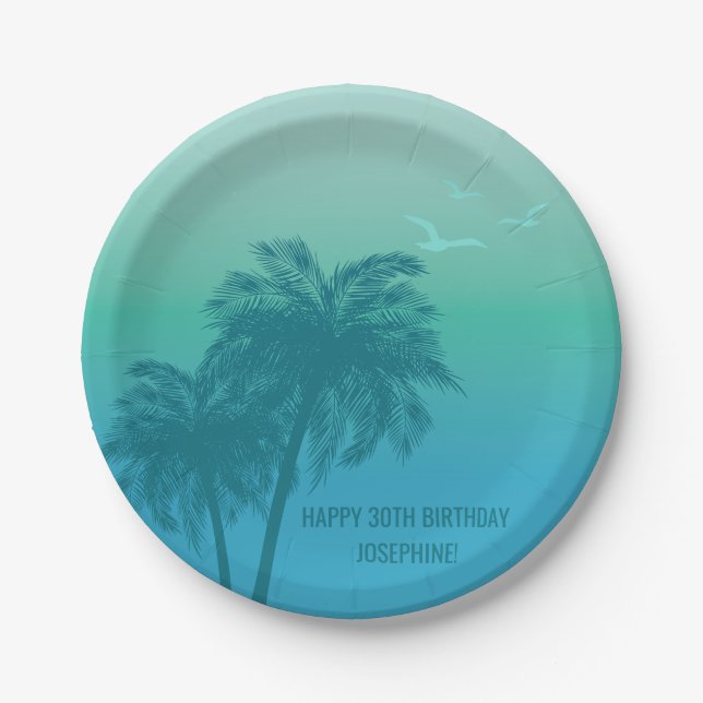 Aqua Blue Tropical Palm Trees Happy Birthday Paper Plate (Front)