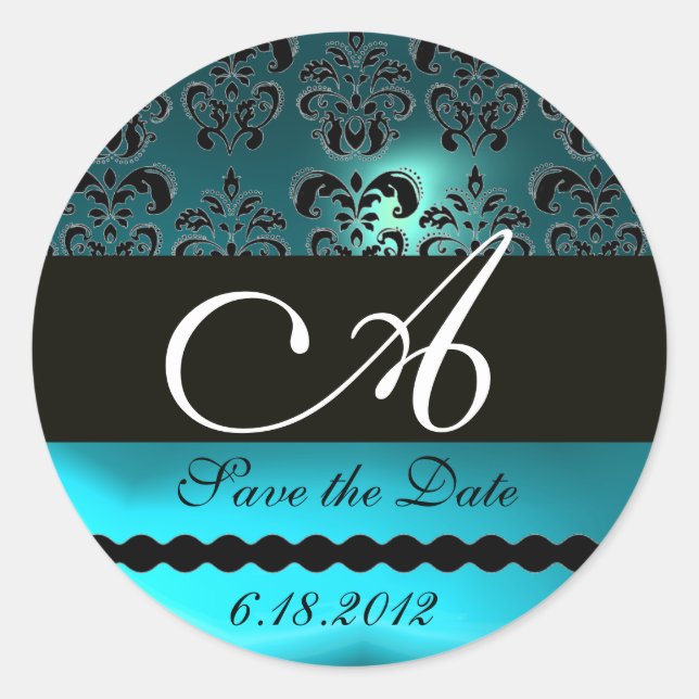AQUA BLUE TURQUASE AQUAMARINE DAMASK MONOGRAM CLASSIC ROUND STICKER (Front)