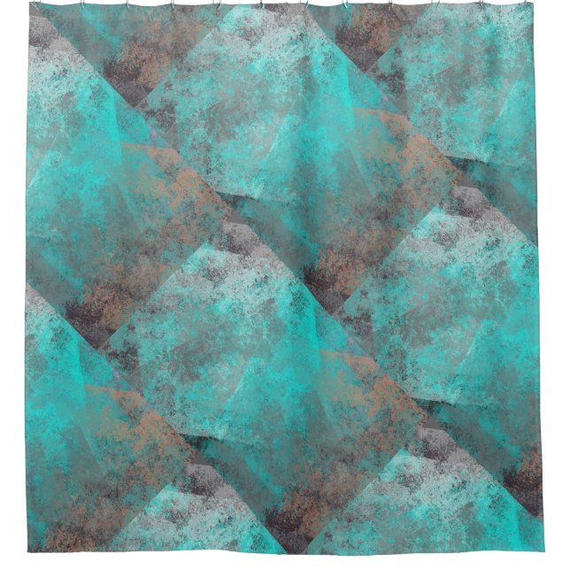 Aqua blue turquoise and grey block abstract shower curtain (Front)