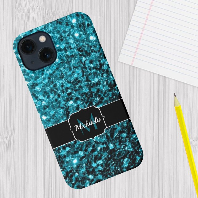 Aqua blue Turquoise faux glitter sparkles Monogram iPhone 15 Case (Creator Uploaded)