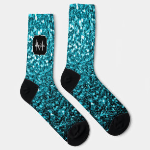 Aqua blue Turquoise faux glitter sparkles Monogram Socks