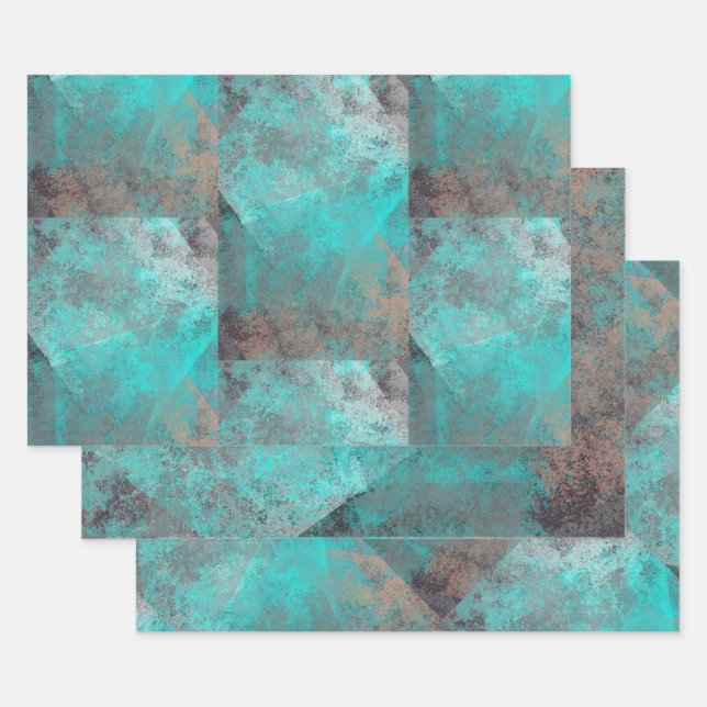 Aqua Blue Turquoise N Grey Distressed Abstract Wrapping Paper Sheet (Set)