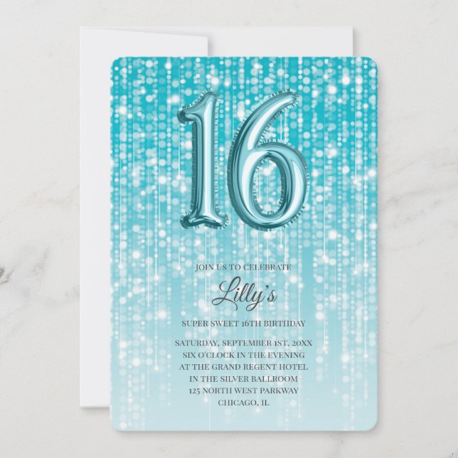 Aqua Blue Twinkle Light Foil Balloon 16th Birthday Invitation (Front)