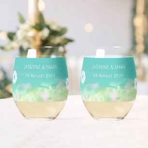 Aqua Blue Water Beach Wedding Custom Names Stemless Wine Glass