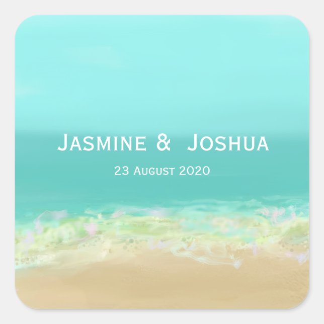 Aqua blue water/painted beach seashore personalise square sticker (Front)