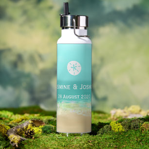 Aqua blue water/painted beach seashore personalise water bottle
