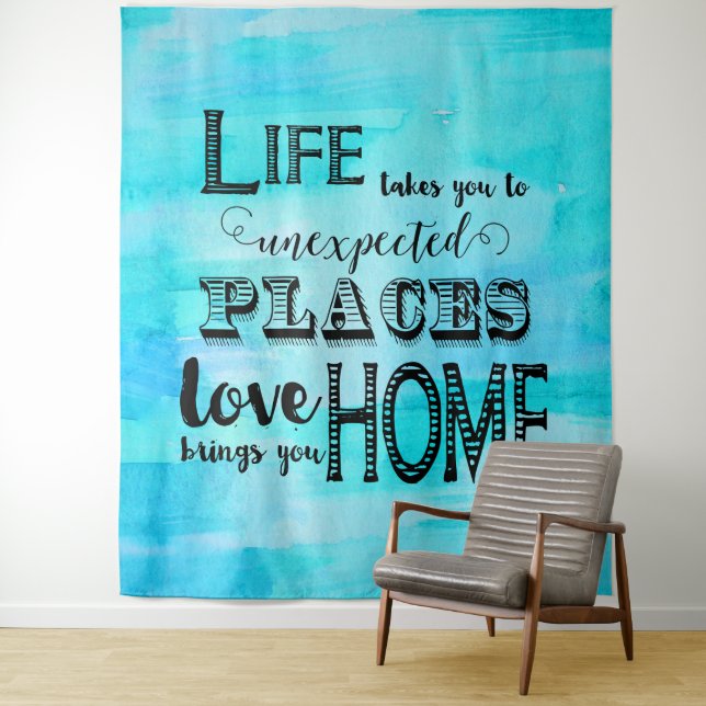 Aqua Blue Watercolor Abstract Typography Quote Tapestry (In Situ)