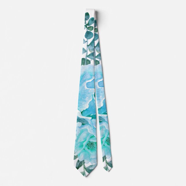 Aqua blue watercolor cactus flowers, succulent tie (Front)
