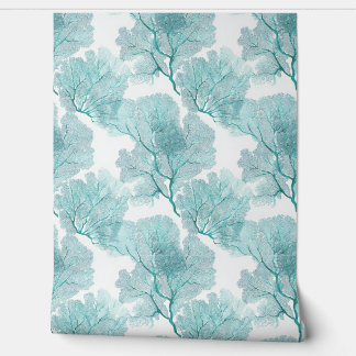 Aqua Blue Watercolor Coral Fans On White Wallpaper