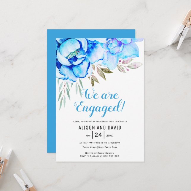Aqua blue watercolor flowers floral engagement invitation (Front/Back In Situ)