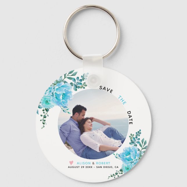Aqua blue watercolor flowers, green leaves photo key ring (Front)