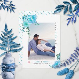 Aqua blue watercolor flowers, green leaves photo save the date
