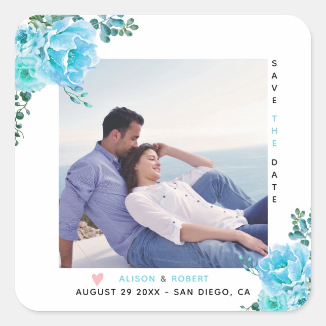 Aqua blue watercolor flowers, green leaves photo square sticker (Front)
