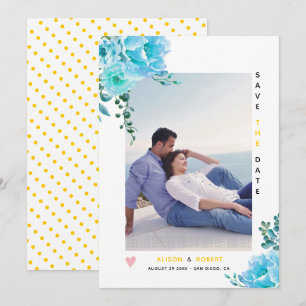 Aqua blue watercolor flowers, leaves yellow photo save the date