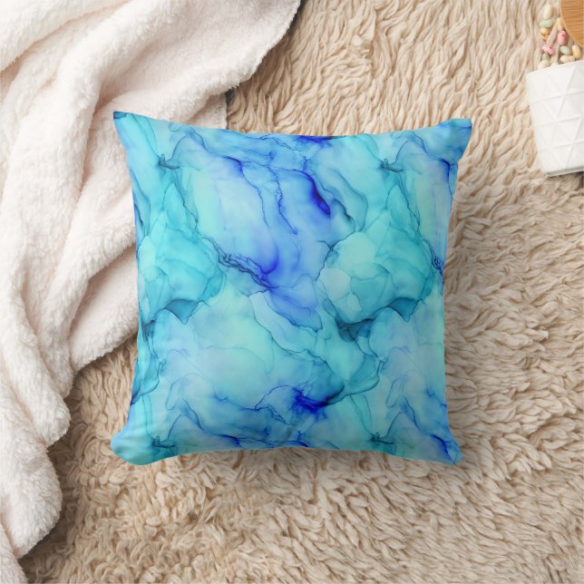 Aqua Blue Watercolor Fluid Marble Cushion (Blanket)
