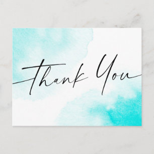 Aqua blue watercolor handwritten script thank you postcard