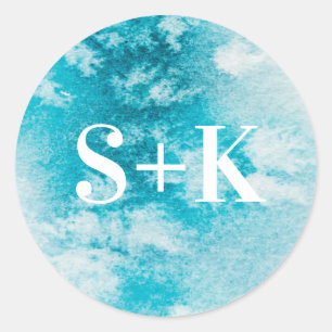 Aqua Blue watercolor Initial wedding stickers