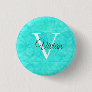 Aqua Blue Watercolor Monogram Name 3 Cm Round Badge