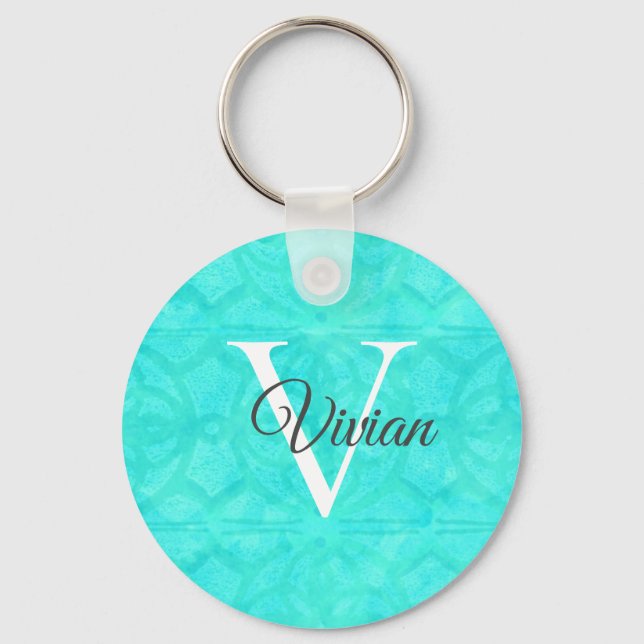 Aqua Blue Watercolor Monogram Name Key Ring (Front)
