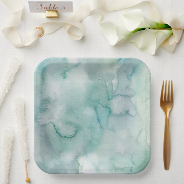 Aqua Blue Watercolor Wedding Paper Plates (Wedding)