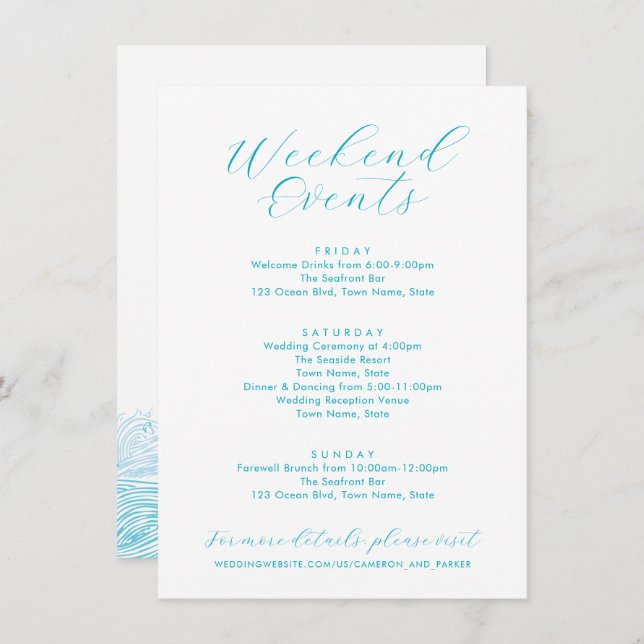 Aqua Blue Weekend Events Ocean Waves Beach Wedding Enclosure Card (Front/Back)