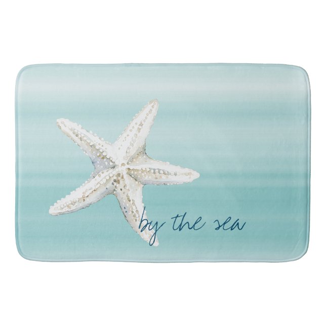 Aqua Blue White Beach Starfish       Bath Mat (Front)