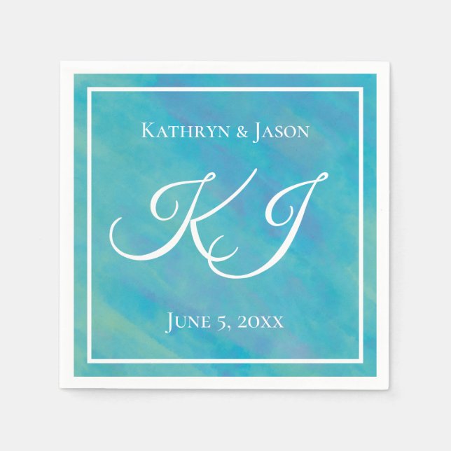 Aqua Blue & White Custom Name Wedding Napkin (Front)