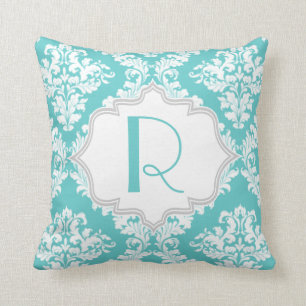 Aqua blue, white damask pattern throw cushion