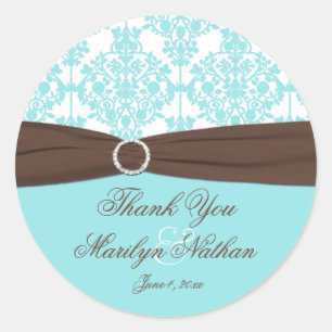 Aqua Blue, White Damask Wedding Favour Sticker
