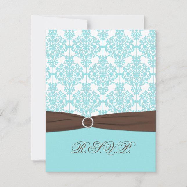 Aqua Blue, White Damask with Brown FAUX Ribbon RSVP Card (Front)