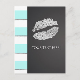 Aqua Blue & White Faux Silver Shimmer Lips Event Postcard