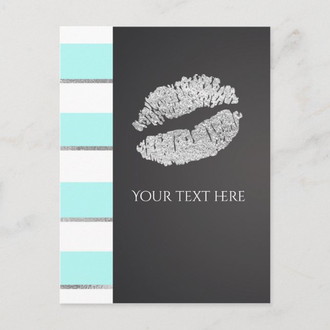 Aqua Blue & White Faux Silver Shimmer Lips Event Postcard (Front)