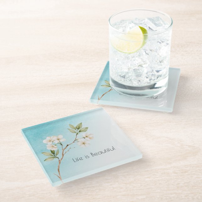 Aqua Blue White Floral Glass Coaster (Angled)