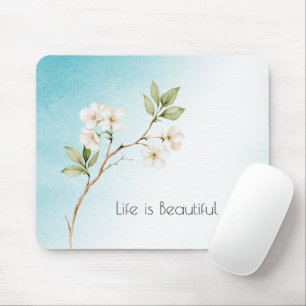 Aqua Blue White Floral Mouse Pad