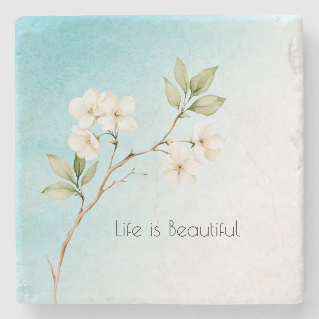Aqua Blue White Floral Stone Coaster (Front)