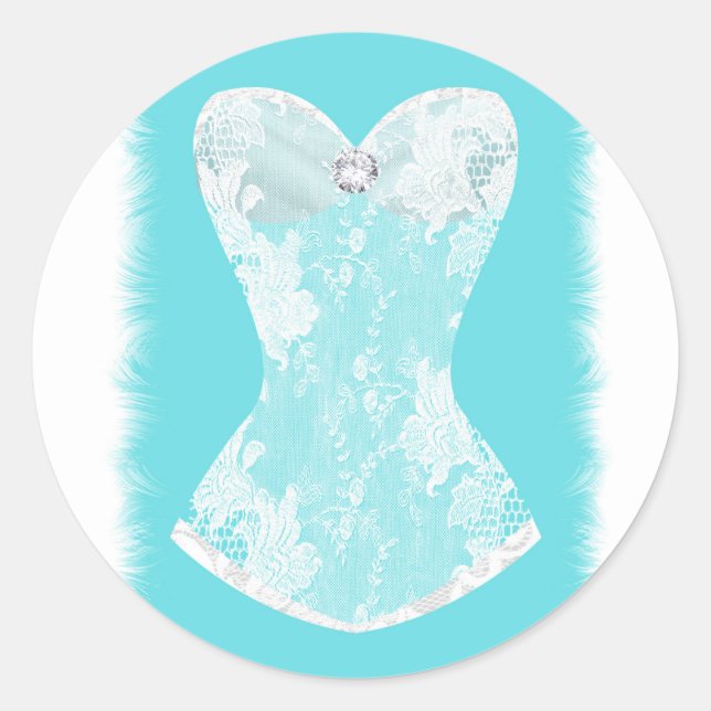 Aqua Blue & White Glam Lingerie Shower Party Favou Classic Round Sticker (Front)
