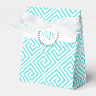 Aqua blue, white Greek key monogram wedding Favour Box