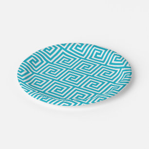 Aqua Blue White Greek Key Pattern Paper Plate