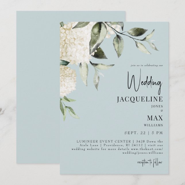 Aqua Blue White Hydrangeas Wedding Invitation (Front/Back)