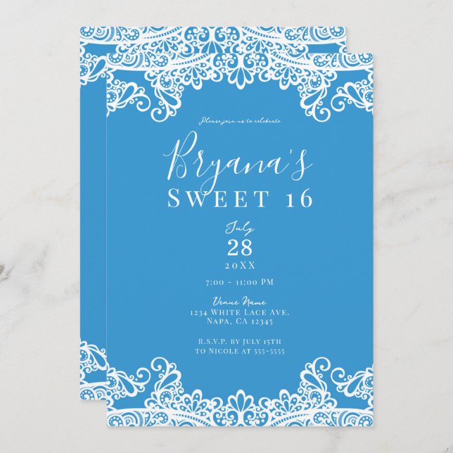 Aqua Blue & White Lace Elegant Sweet 16 Party  Invitation (Front/Back)