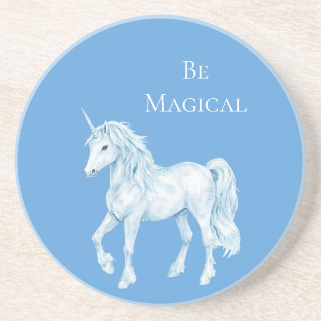 Aqua Blue White Magical Unicorn Coaster (Front)