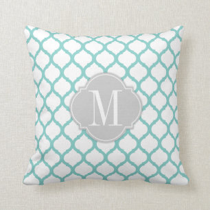 Aqua blue & White Moroccan Pattern with Monogram Cushion